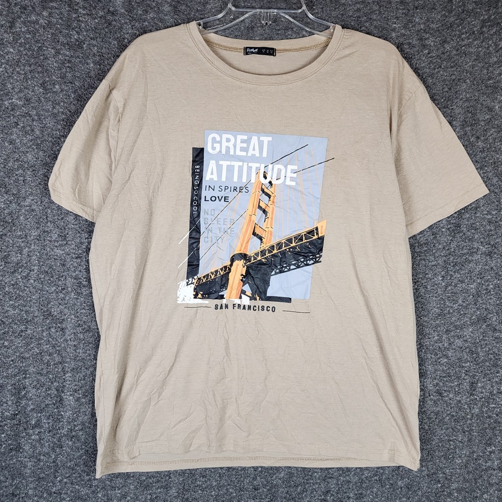 Romwe T-Shirt Mens XL San Francisco Great Attitude Graphic Tan Short Sleeve EUC